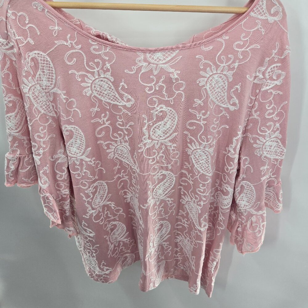 Forgotten Grace Pink White Embroidered Tie Back Top XL